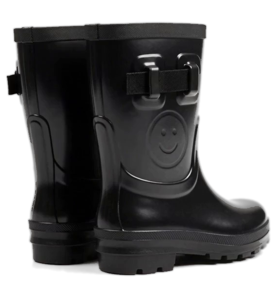 A pair of black rubber rain boots with a smiley face embossed on the side